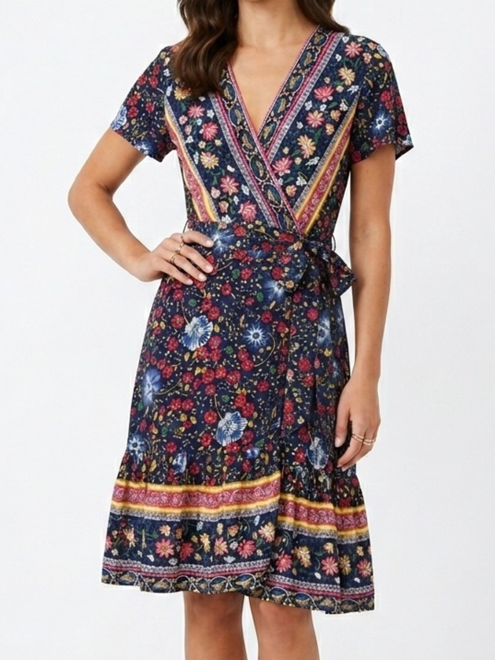 Boho Floral Zesica Navy Blue Flutter Sleeve Wrap Midi Dress Size L Large